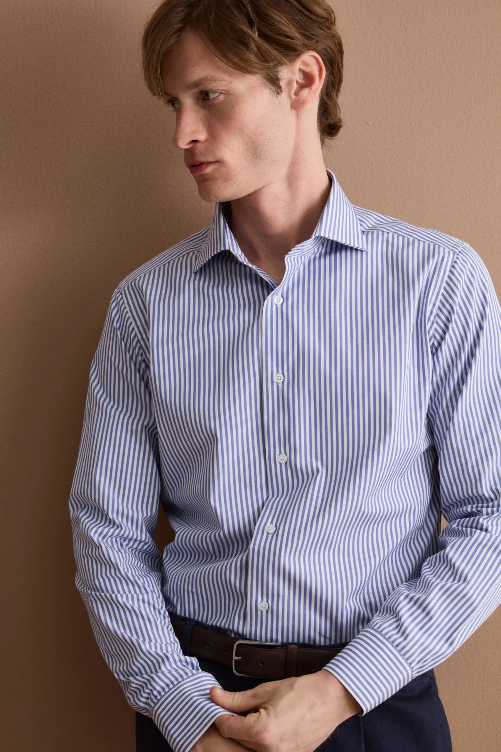 Camicia Slim Fit in Cotone con Collo Francese - RIGATO BLU