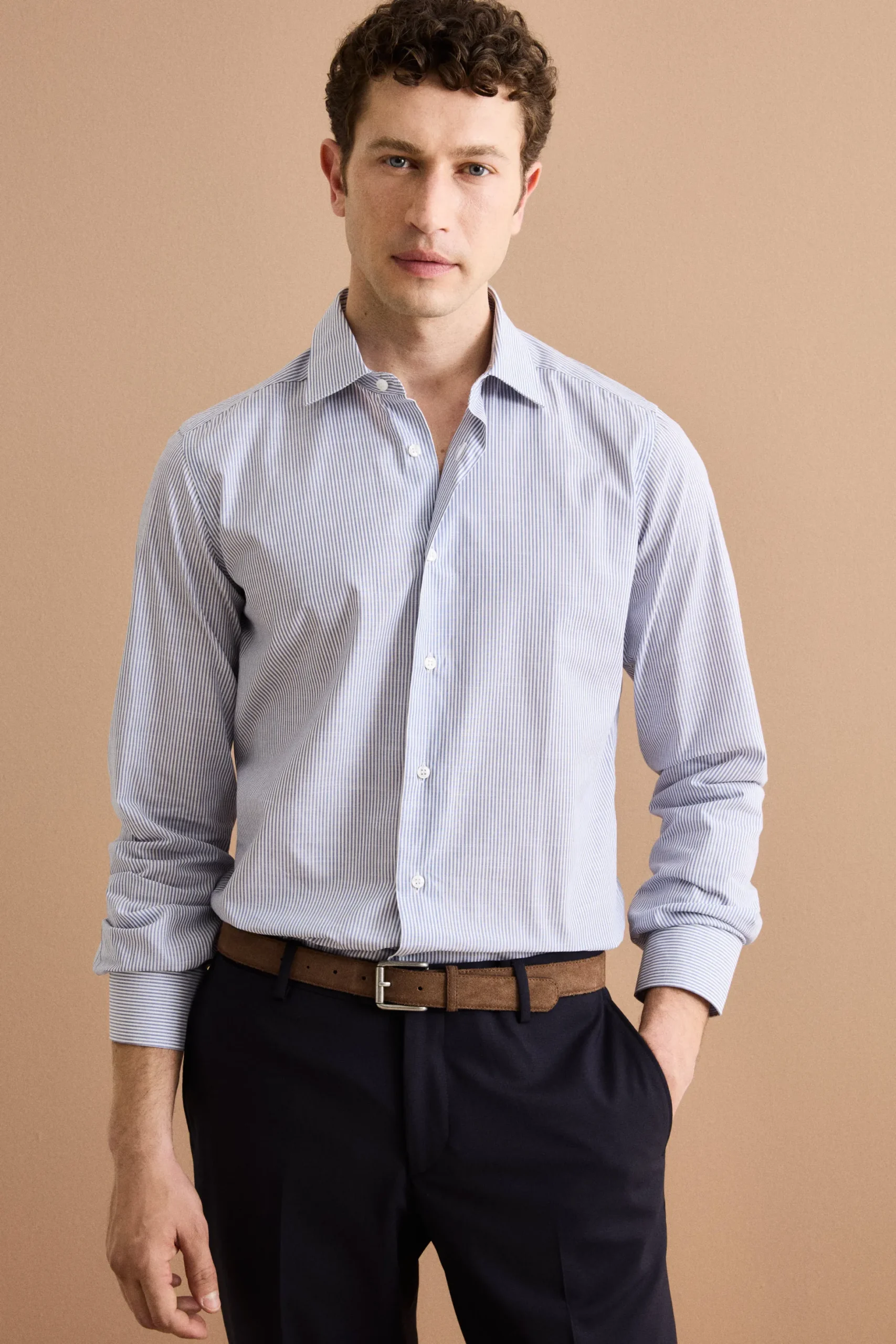 Camicia Slim Fit in Cotone con Collo Classico - RIGATO BLU