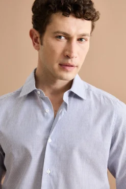 Camicia Slim Fit in Cotone con Collo Classico - RIGATO BLU