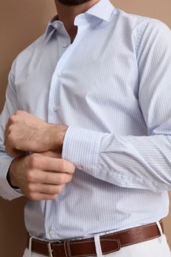 Camicia Slim Fit No Iron in Cotone - RIGATO BIANCO/AZZURRO