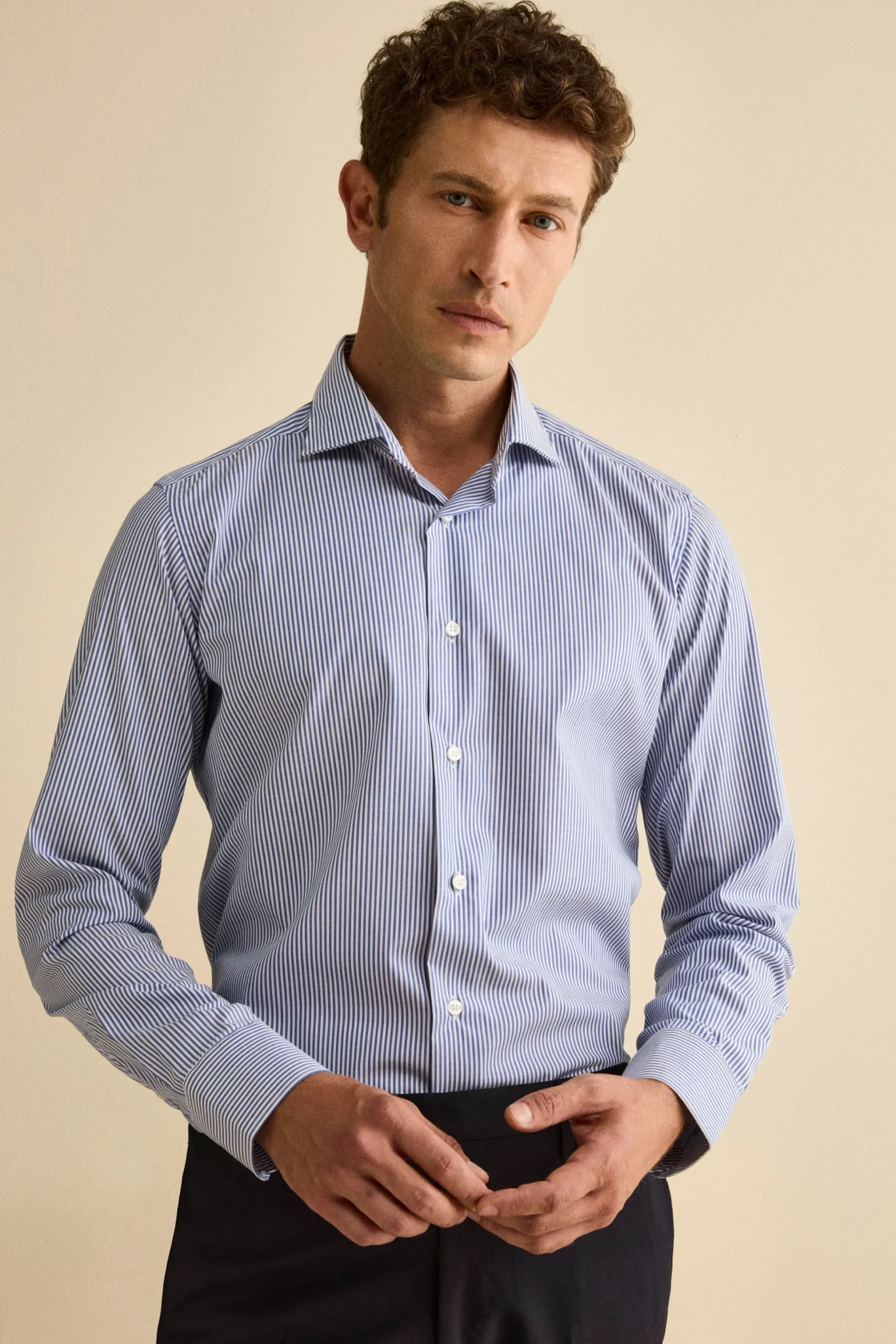 Camicia Slim Fit No Iron in Cotone - BLU RIGATO