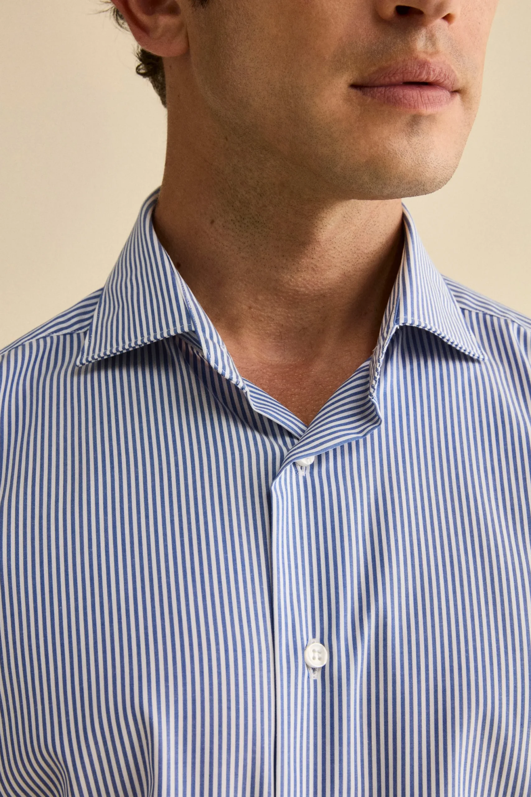 Camicia Slim Fit No Iron in Cotone - BLU RIGATO