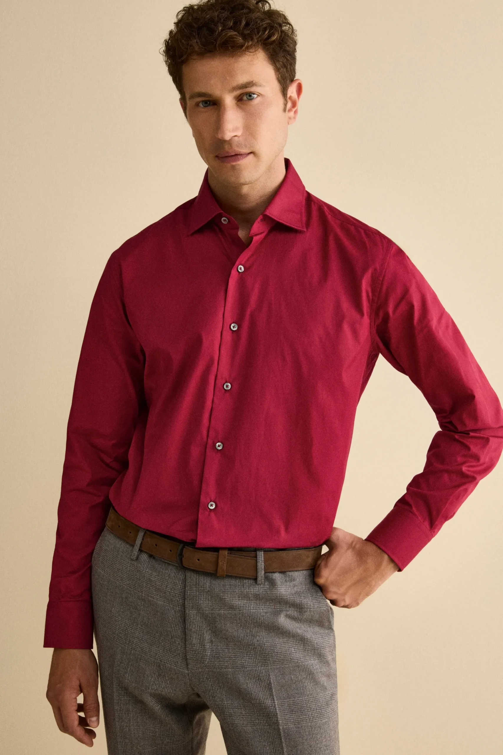 Camicia Tinta Unita Custom Fit in Cotone - BORDEAUX