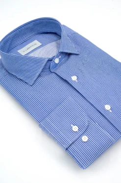 Camicia Twill in Fantasia Custom Fit - RIGATO MICRO BLU