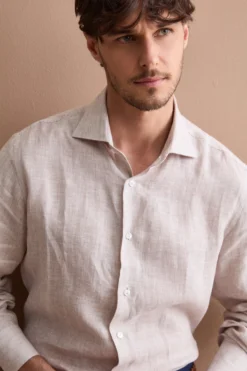 Camicia Uomo Casual Regular Fit in Lino - NOCCIOLA RIGATO