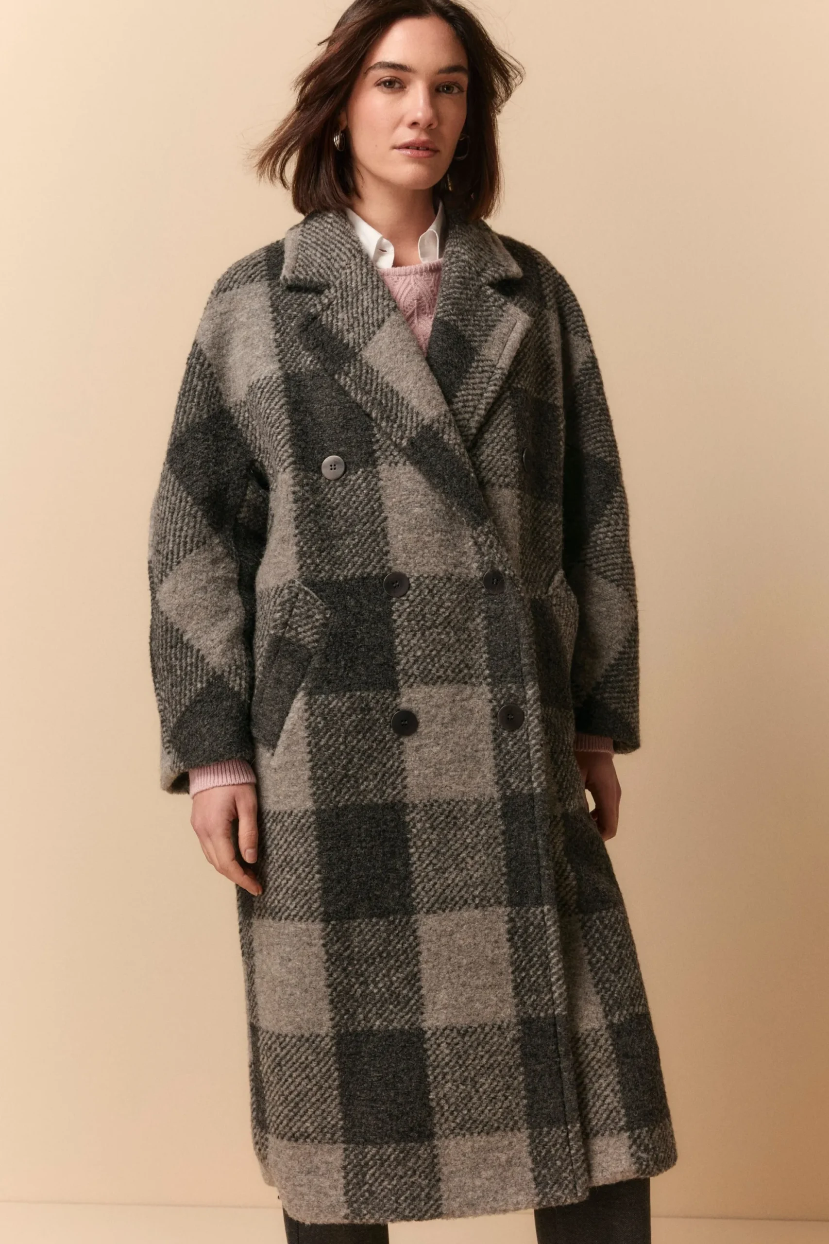 Cappotto Doppiopetto Check in Misto Lana - GRIGIO QUADRI
