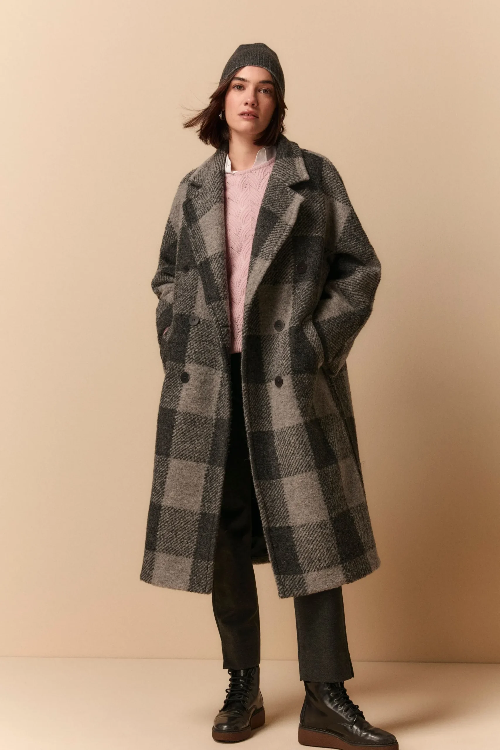 Cappotto Doppiopetto Check in Misto Lana - GRIGIO QUADRI
