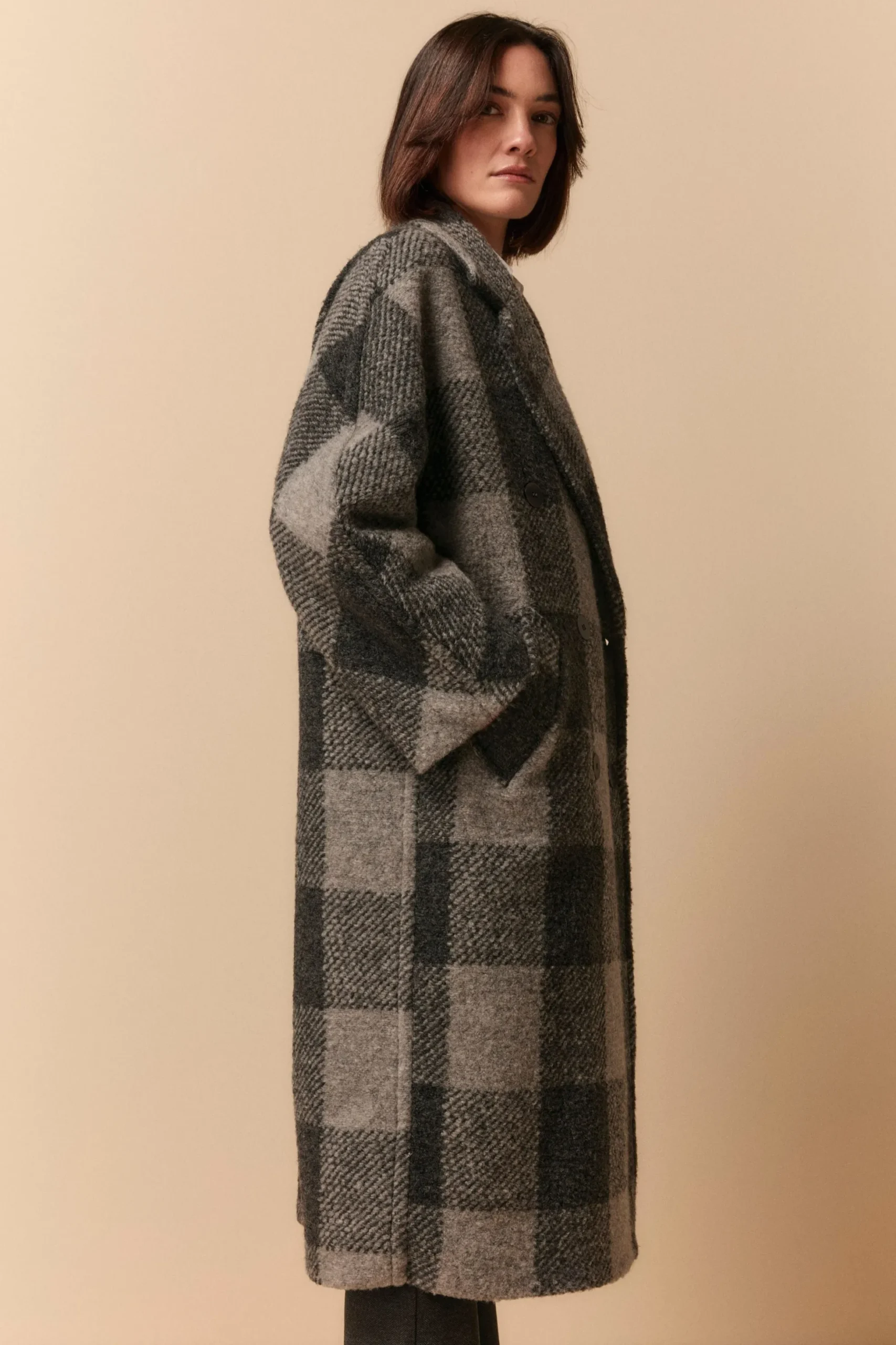 Cappotto Doppiopetto Check in Misto Lana - GRIGIO QUADRI