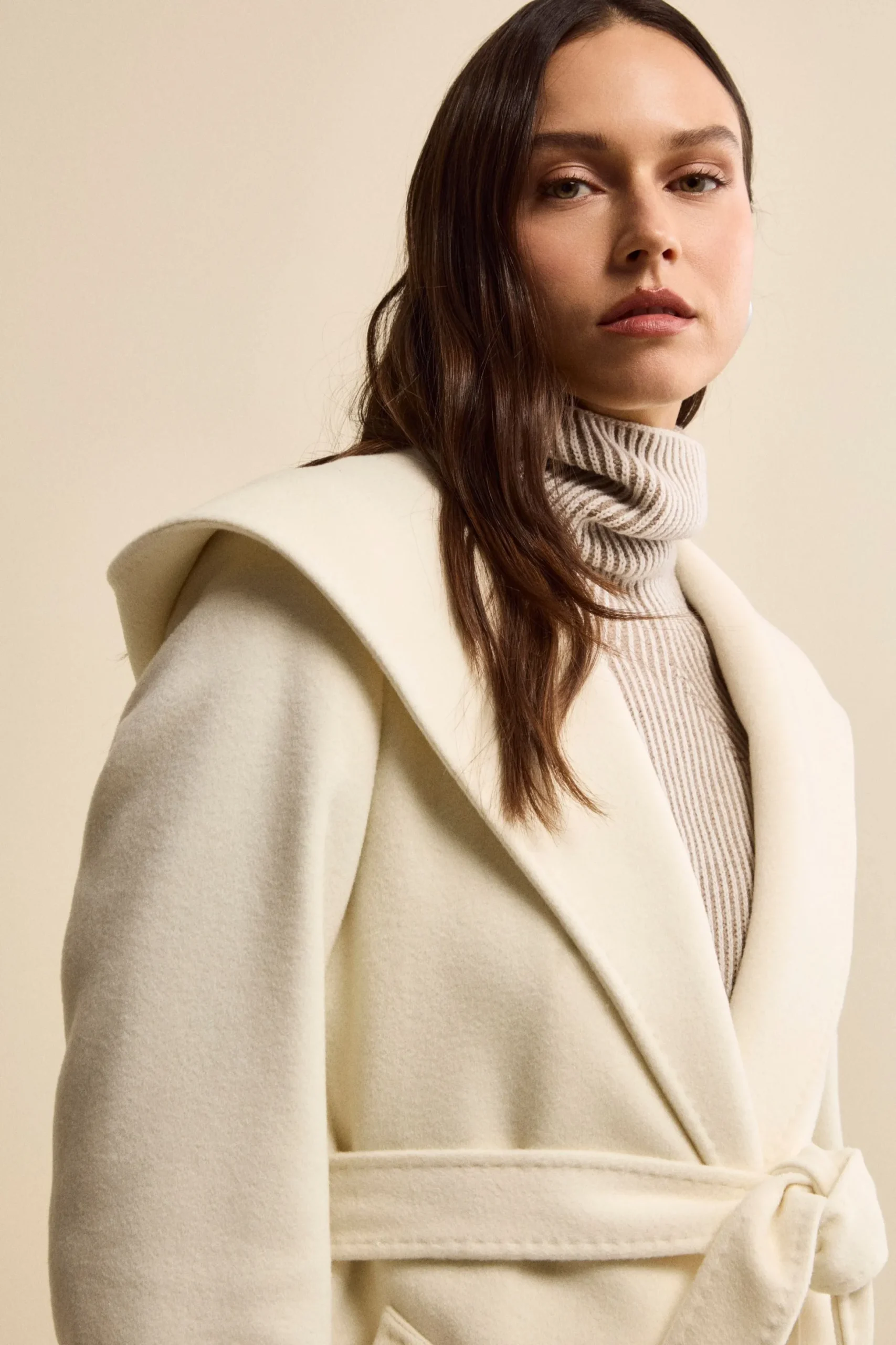 Cappotto Lungo in Lana e Cashmere con Cappuccio - PANNA