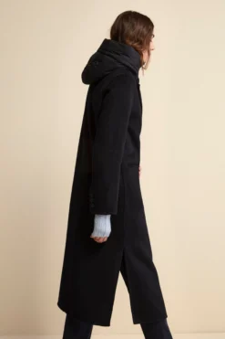 Cappotto Lungo in Misto Lana con Pettorina e Cappuccio - BLU