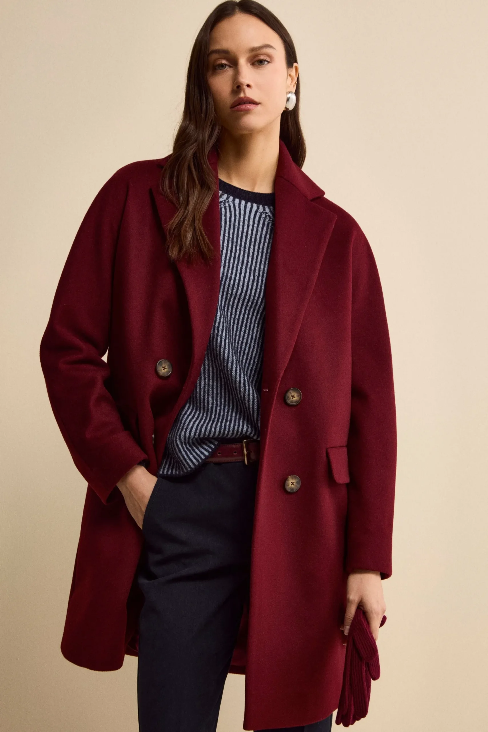 Cappotto Midi Doppiopetto in Misto Lana e Cashmere - BORDEAUX