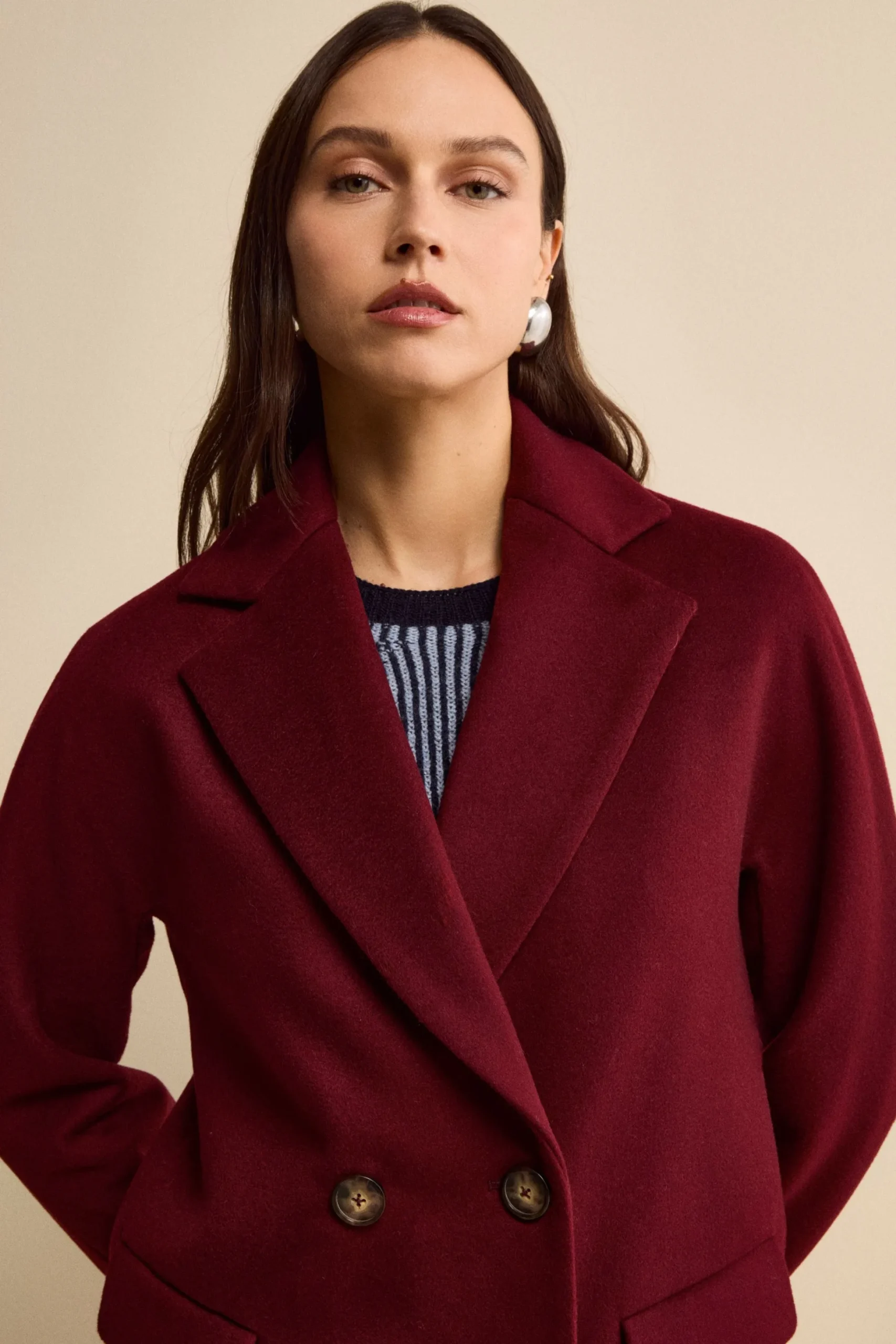 Cappotto Midi Doppiopetto in Misto Lana e Cashmere - BORDEAUX