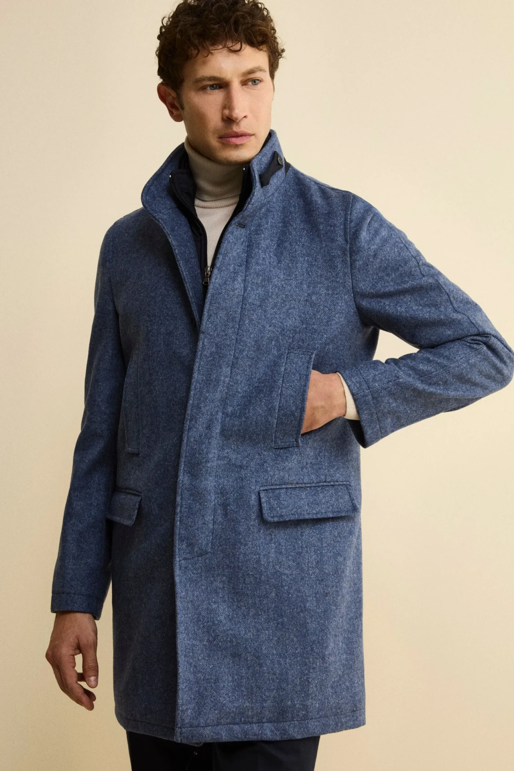 Cappotto Midi Spigato in Misto Lana e Cashmere - AZZURRO MELANGE