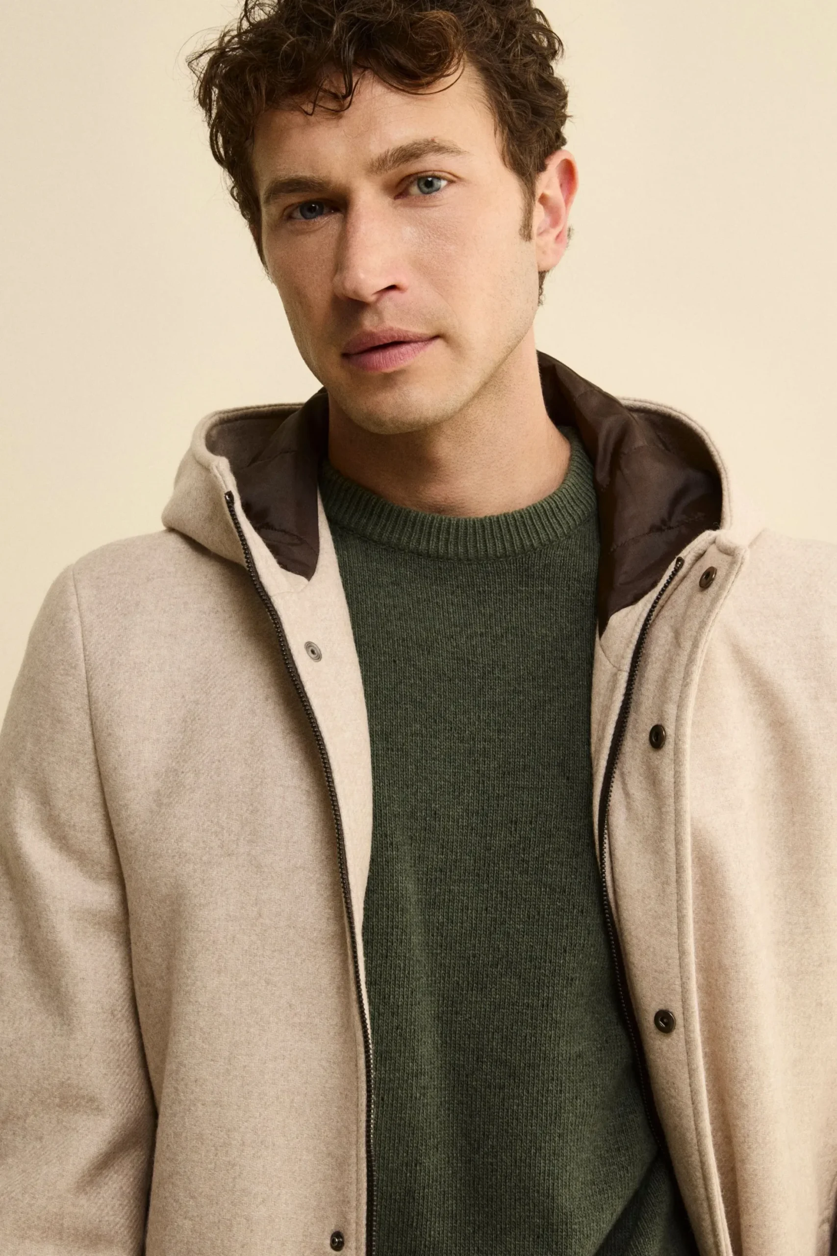 Cappotto Twill in Misto Lana con Zip e Cappuccio - TORTORA