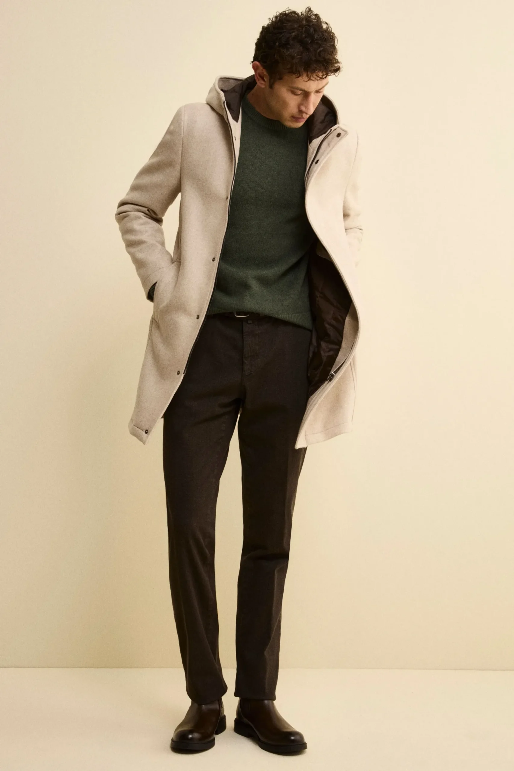 Cappotto Twill in Misto Lana con Zip e Cappuccio - TORTORA