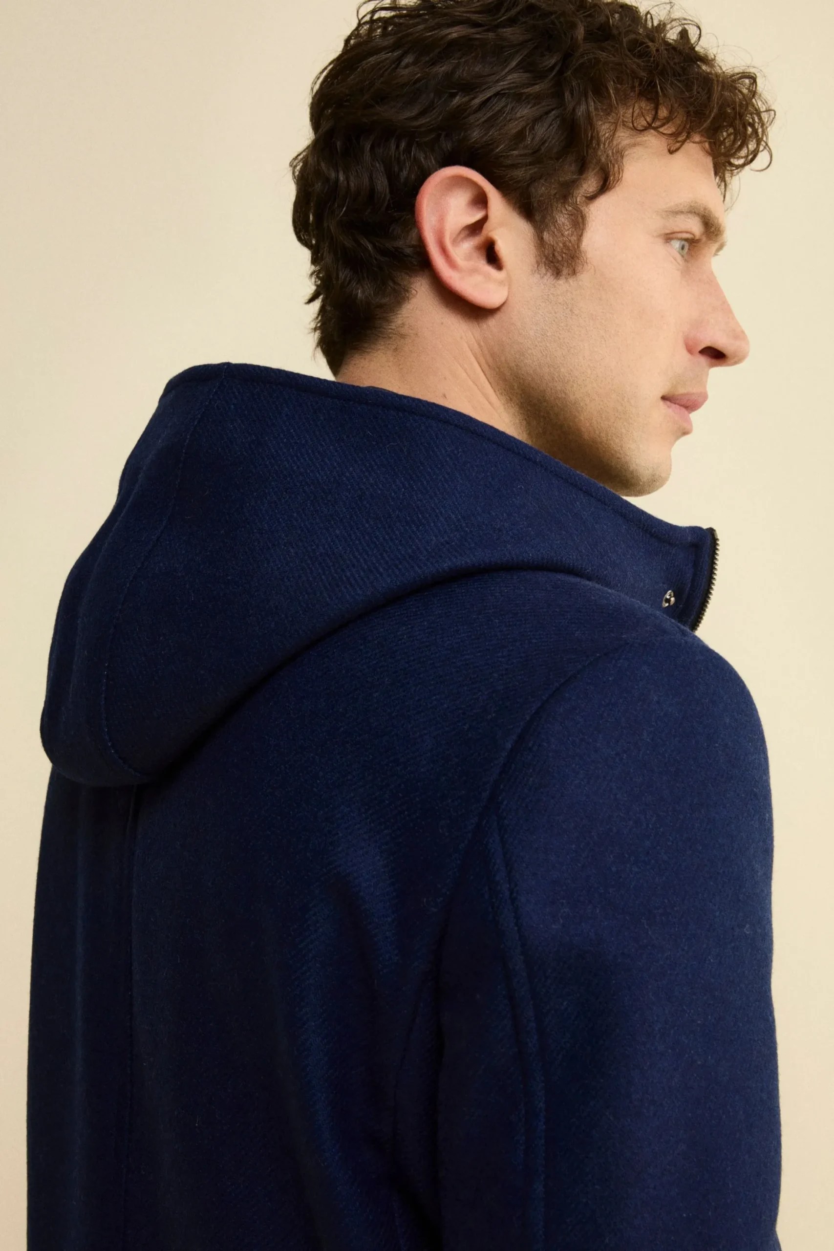 Cappotto Twill in Misto Lana con Zip e Cappuccio - BLU