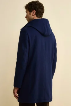 Cappotto Twill in Misto Lana con Zip e Cappuccio - BLU