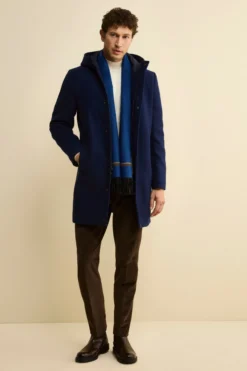 Cappotto Twill in Misto Lana con Zip e Cappuccio - BLU