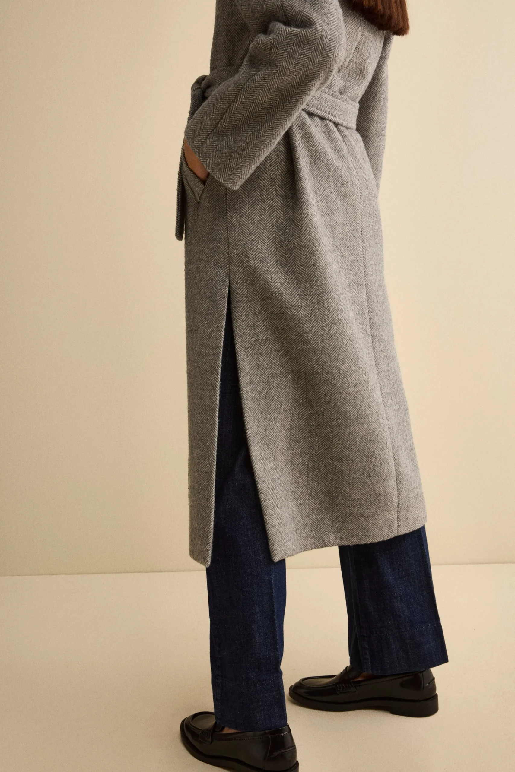Cappotto Vestaglia con Cintura in Misto Lana - GRIGIO SPIGATO