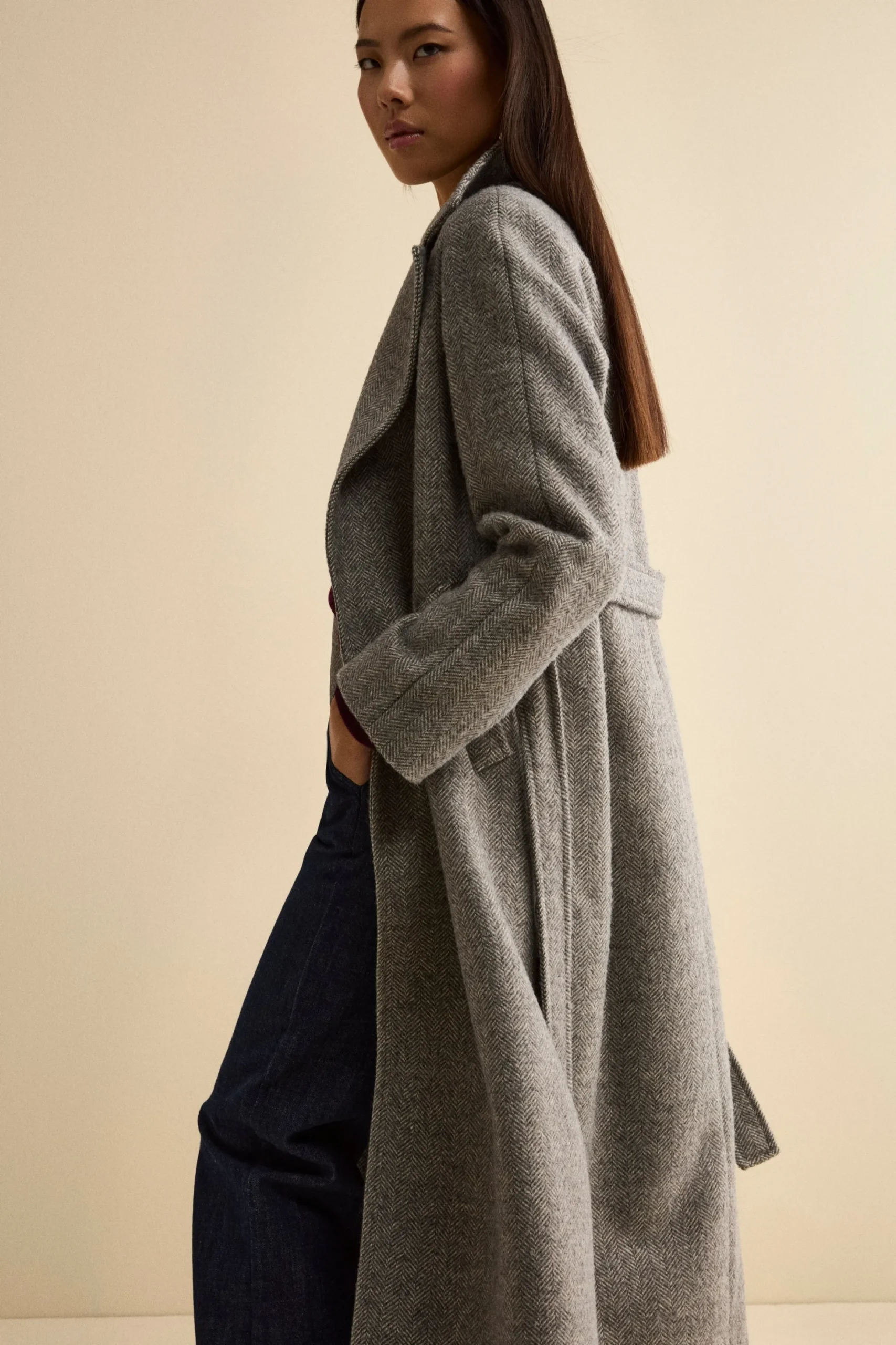 Cappotto Vestaglia con Cintura in Misto Lana - GRIGIO SPIGATO
