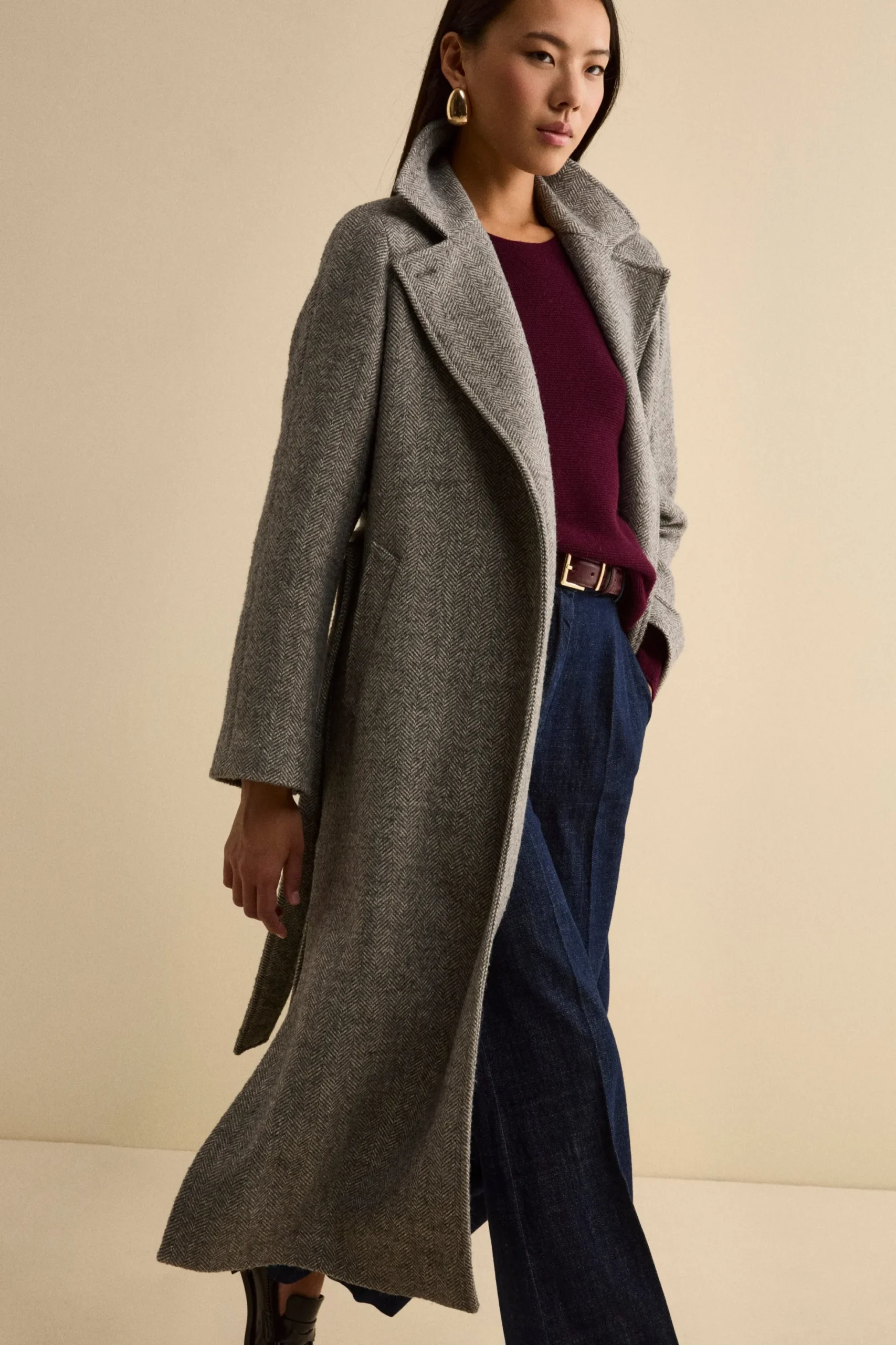 Cappotto Vestaglia con Cintura in Misto Lana - GRIGIO SPIGATO