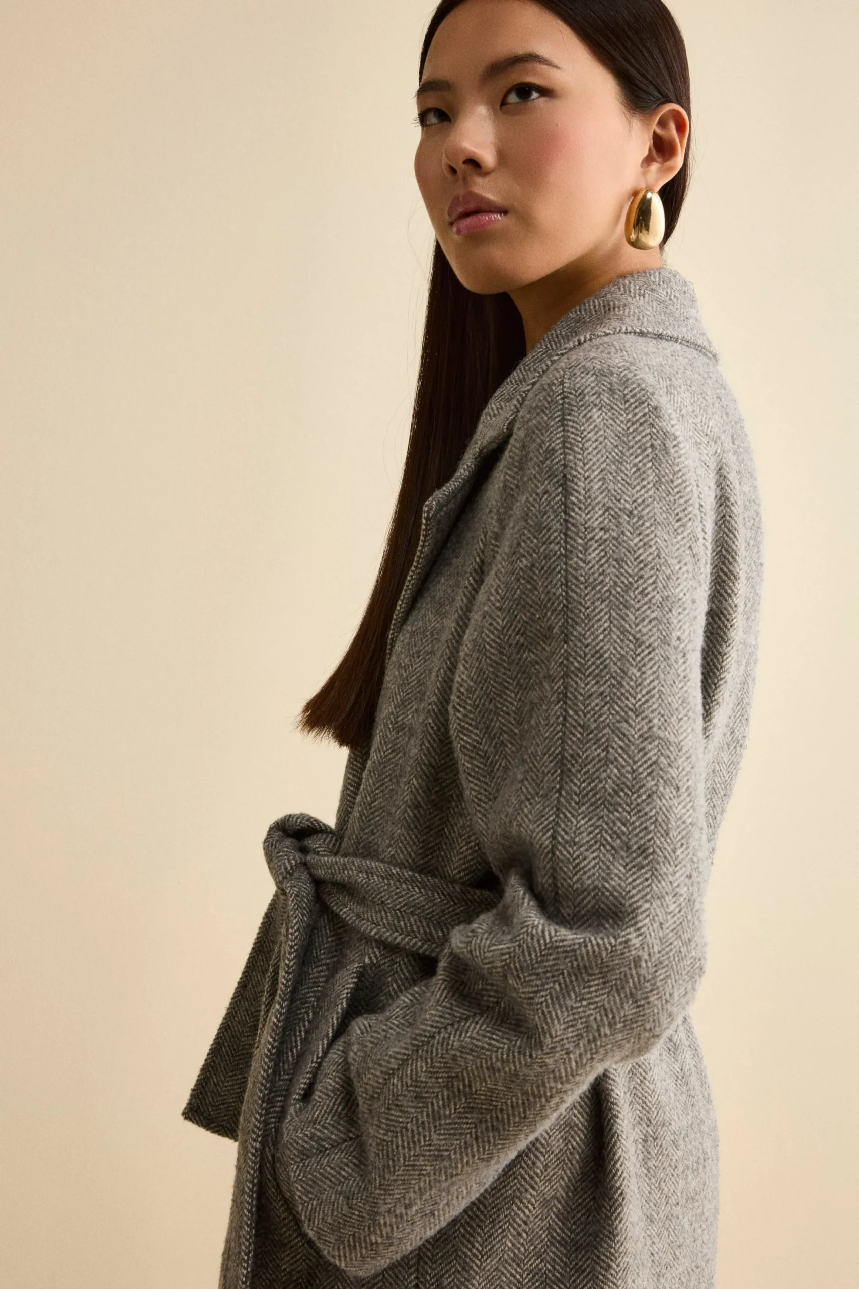 Cappotto Vestaglia con Cintura in Misto Lana - GRIGIO SPIGATO