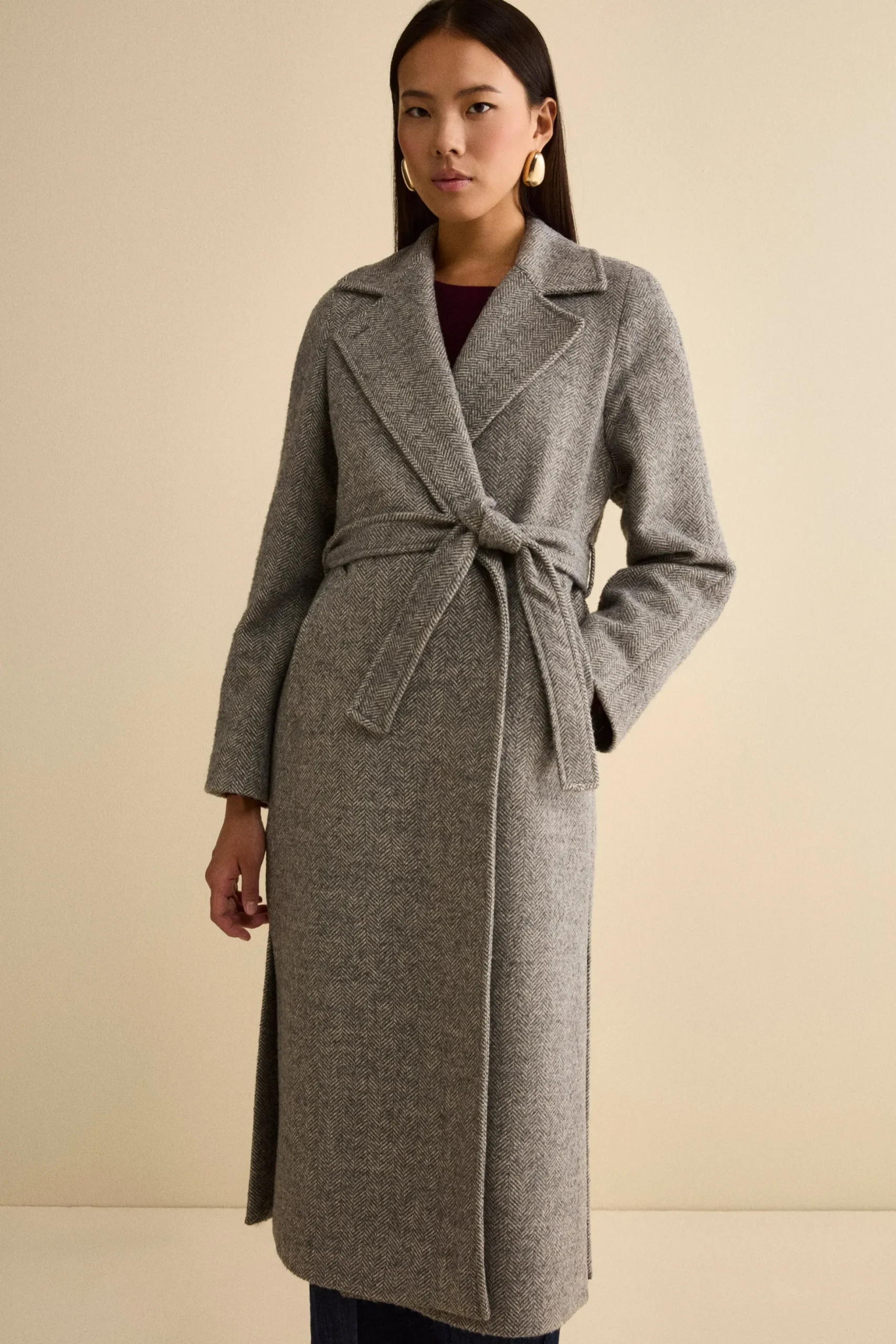 Cappotto Vestaglia con Cintura in Misto Lana - GRIGIO SPIGATO