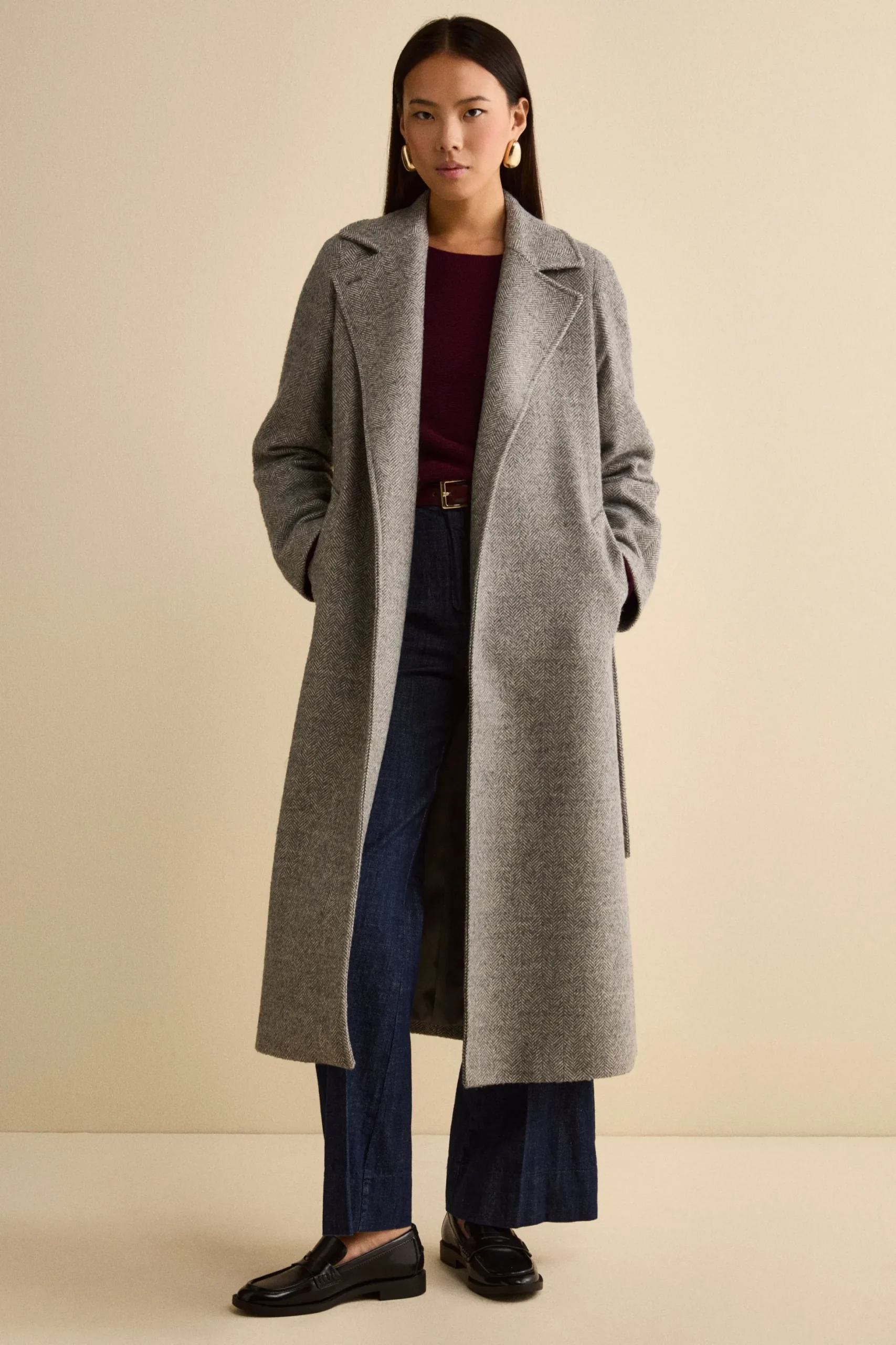Cappotto Vestaglia con Cintura in Misto Lana - GRIGIO SPIGATO