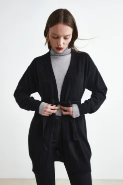 Cardigan con Cintura in Lana e Cashmere - NERO