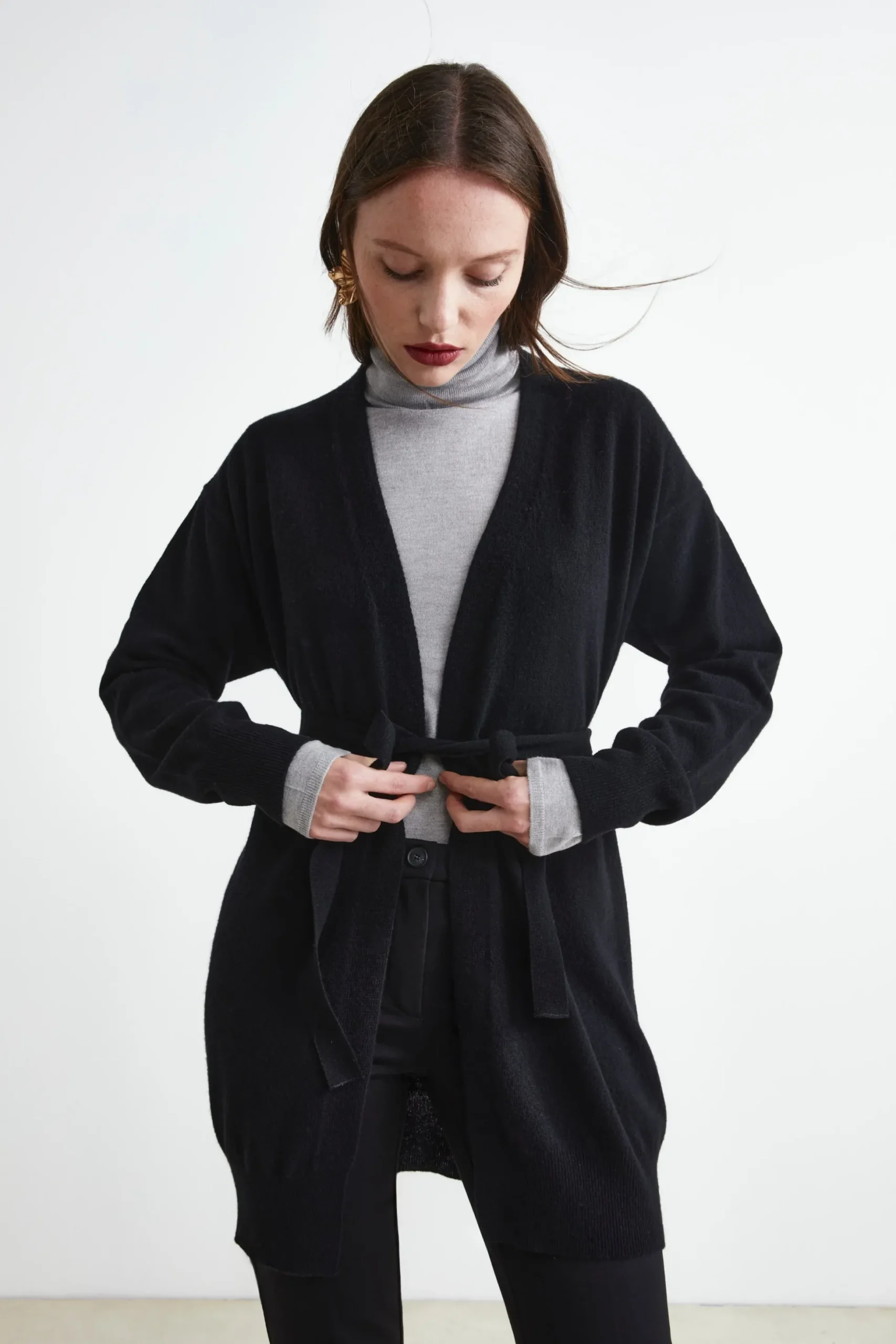 Cardigan con Cintura in Lana e Cashmere - NERO