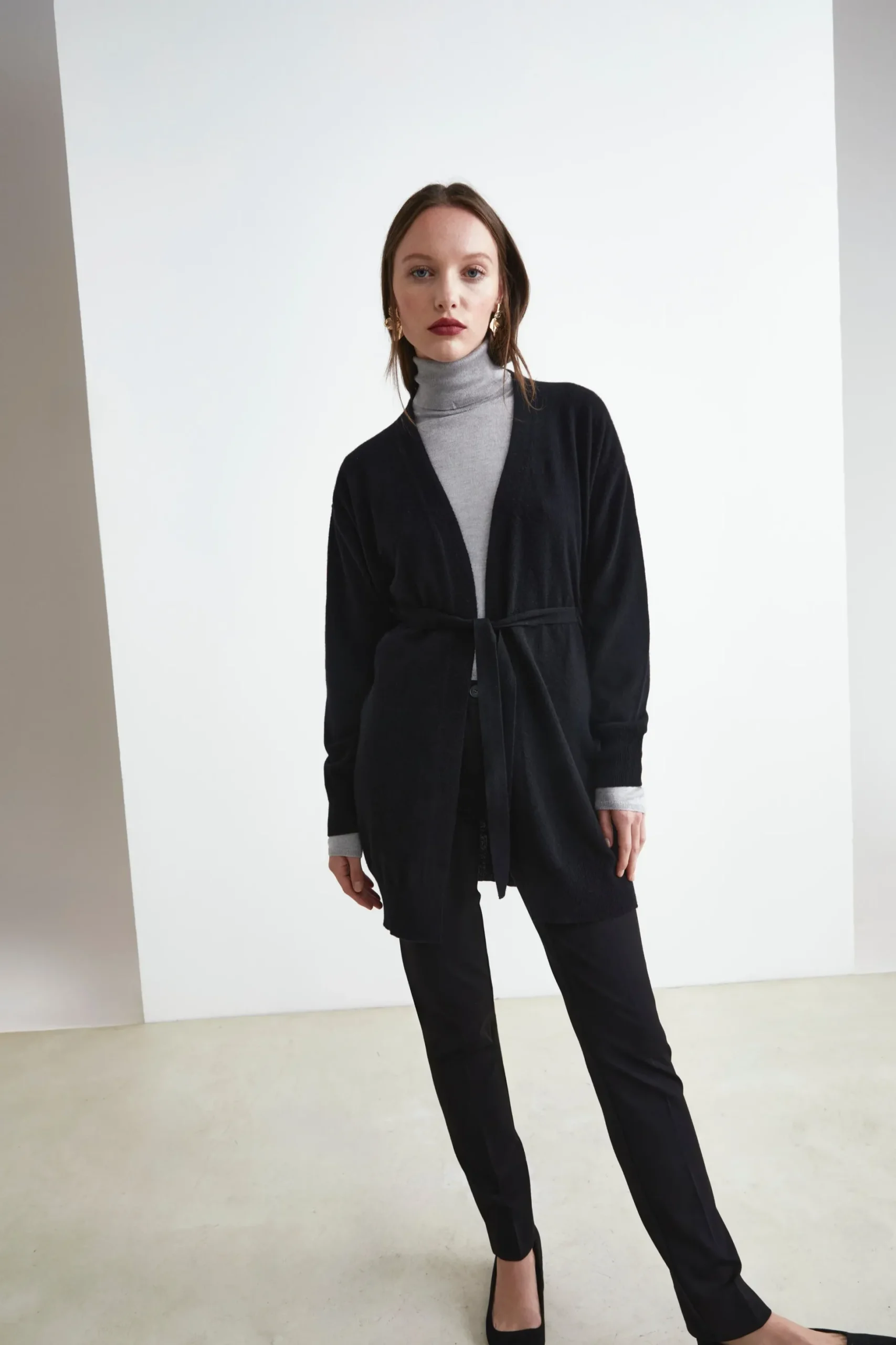 Cardigan con Cintura in Lana e Cashmere - NERO