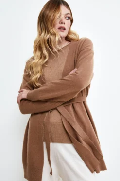 Cardigan con Cintura in Lana e Cashmere - CAMMELLO
