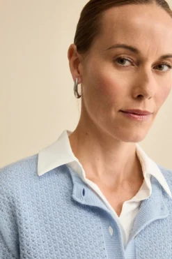Cardigan in Lana Merino Traforato con Collo Coreana - AZZURRO