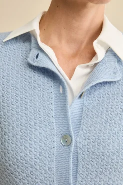Cardigan in Lana Merino Traforato con Collo Coreana - AZZURRO