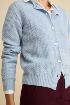 Cardigan in Lana Merino Traforato con Collo Coreana - AZZURRO
