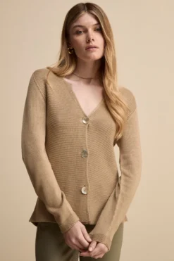 Cardigan Links Scollo a V in Cotone - BEIGE