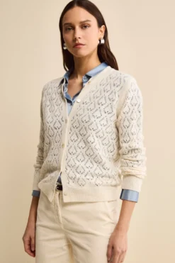Cardigan Scollo a V Traforato in Lana e Cashmere - LATTE