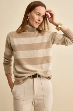 Dolcevita a Righe in Lana e Cashmere con Manica Raglan - BEIGE/GRIGIO
