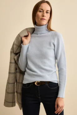 Dolcevita Raglan in Lana e Cashmere con Collo a Coste - AZZURRO