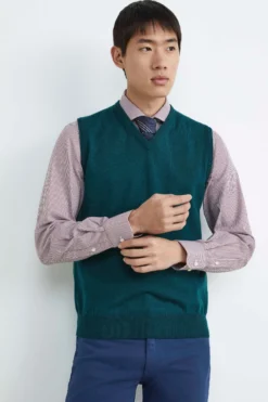 Gilet in lana scollo a V - VERDE SCURO