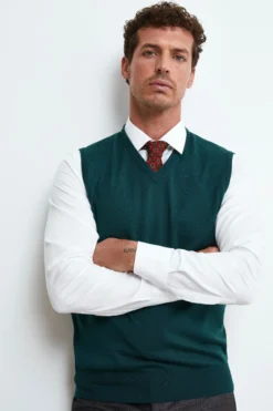 Gilet Scollo a V in Lana Merino - VERDE SCURO