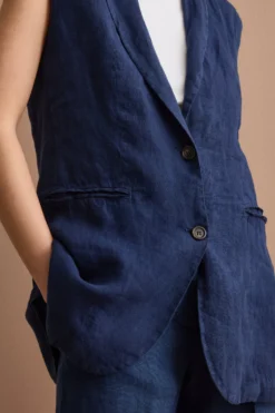 Gilet Sfoderato in Lino con Revers Classico - NAVY