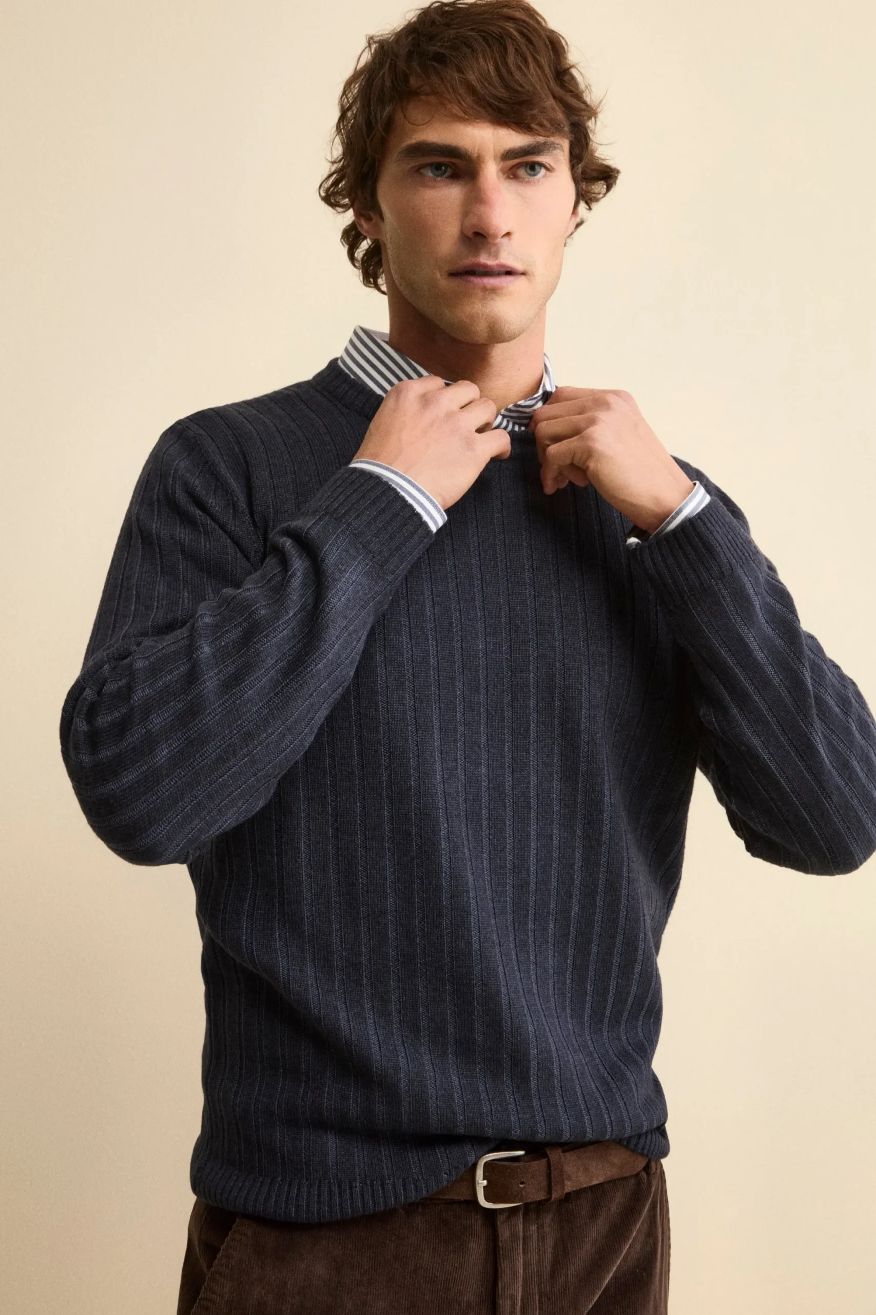Girocollo a Coste in Lana Merino - BLU MARINE