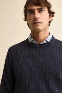 Girocollo a Coste in Lana Merino - BLU MARINE