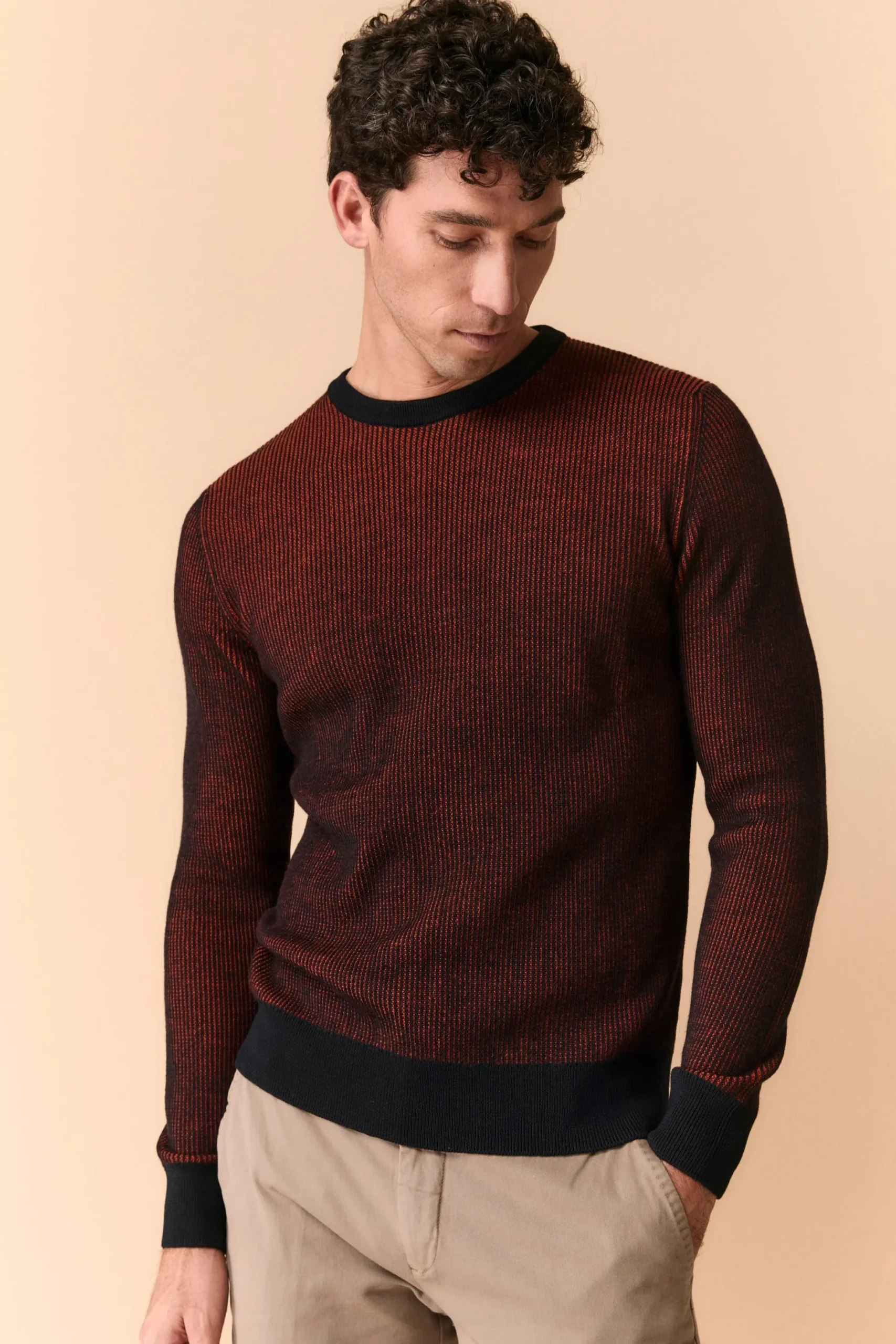 Girocollo Bicolore in Lana Merino Extrafine - BLU/ARANCIO