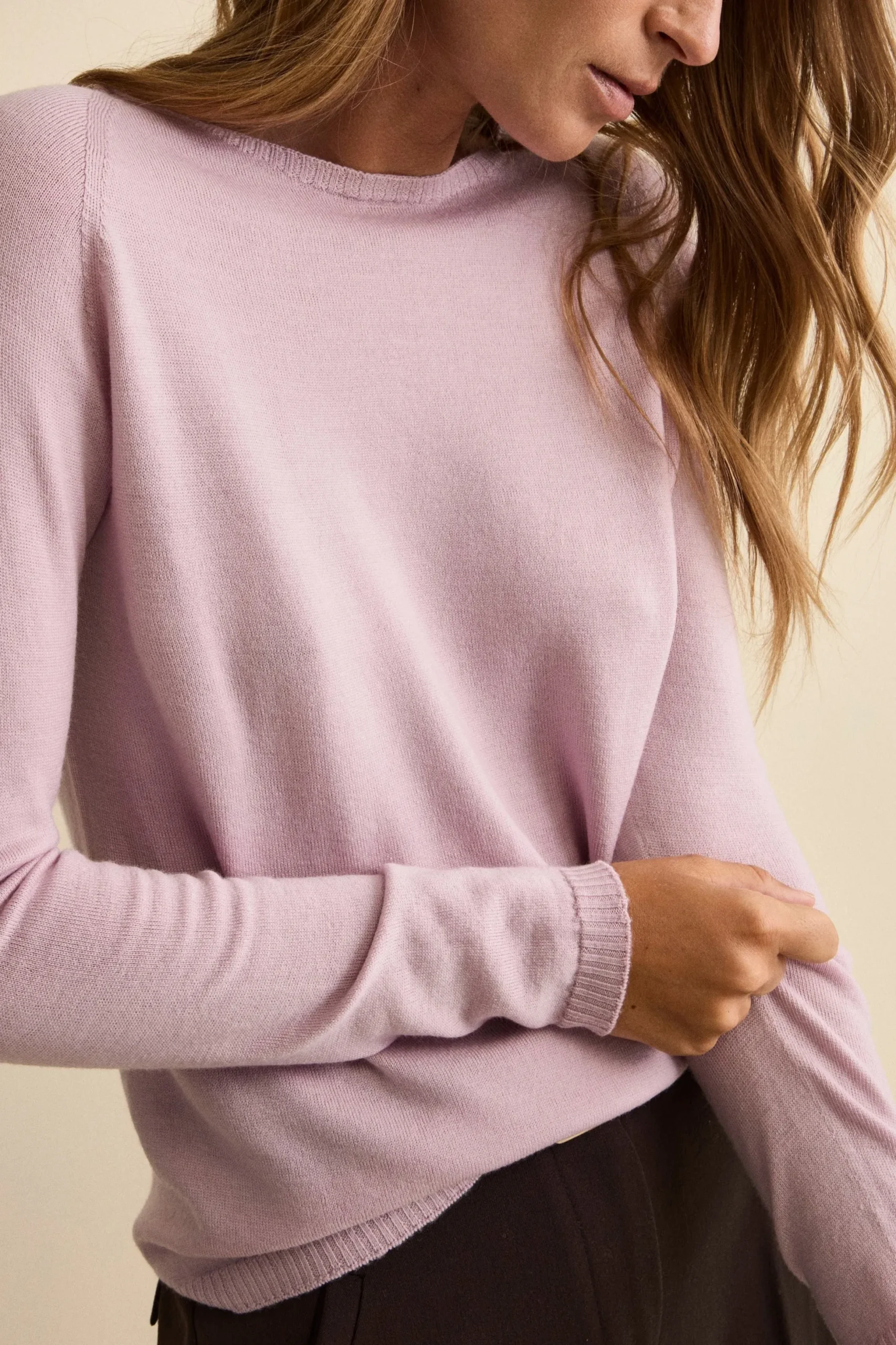 Girocollo in Lana Merino con Bordi a Coste - ROSA
