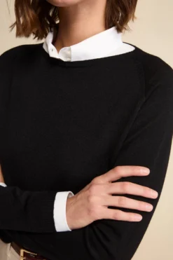 Girocollo in Lana Merino con Bordi a Coste - NERO