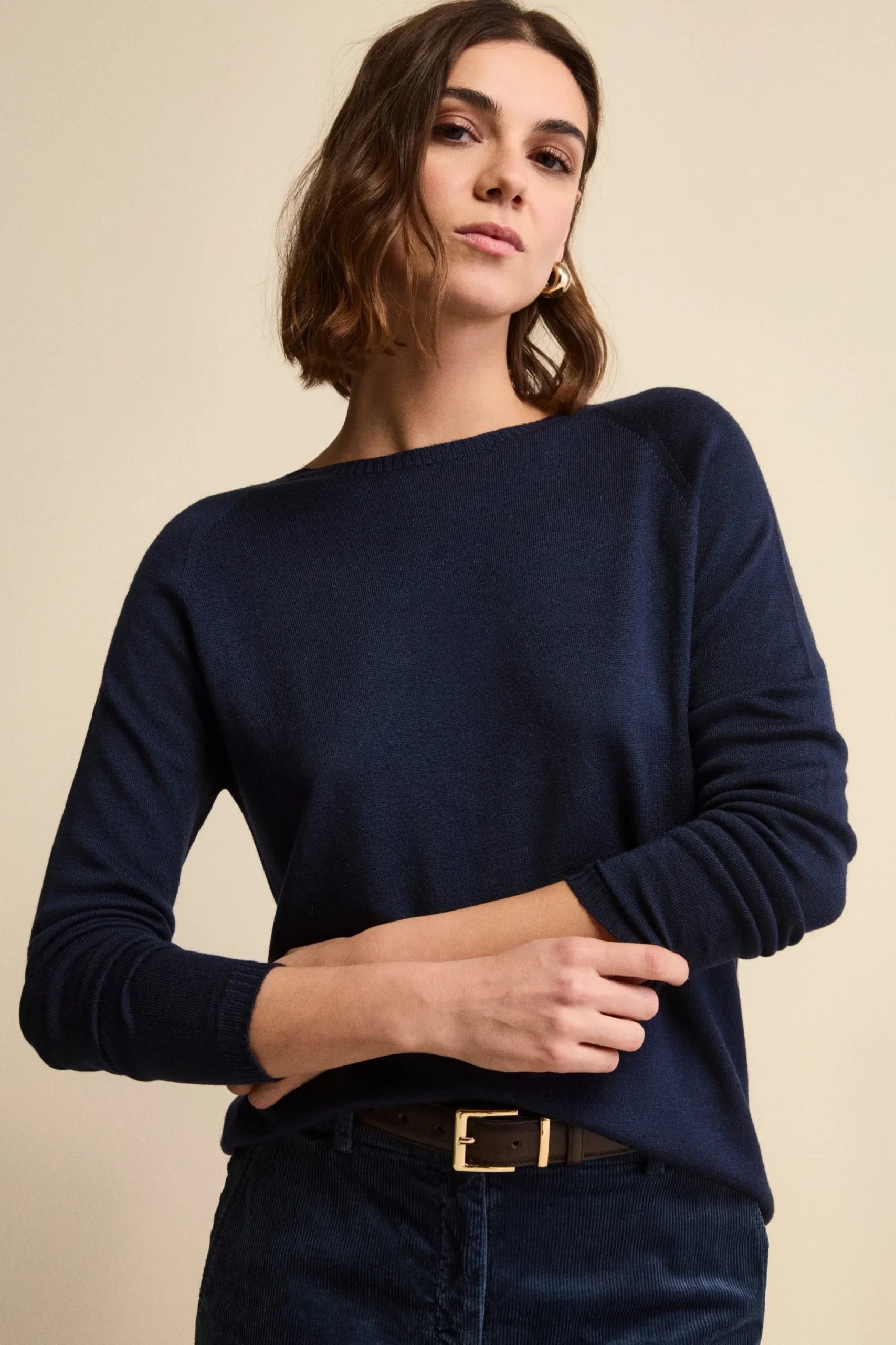 Girocollo in Lana Merino con Bordi a Coste - NAVY