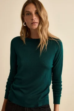 Girocollo in Lana Merino con Bordi a Coste - VERDE