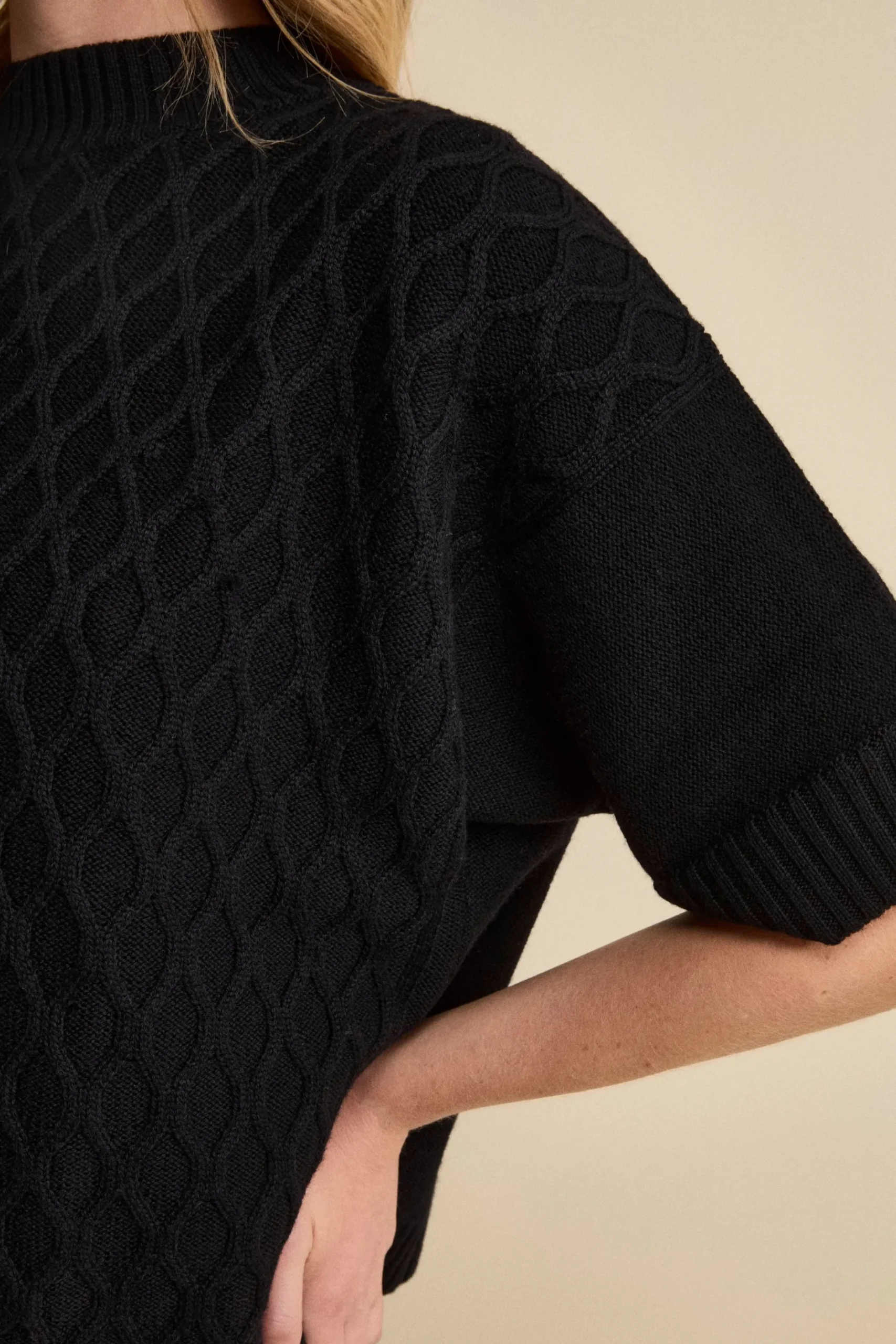 Girocollo Mezza Manica Lavorato in Lana Merino - NERO